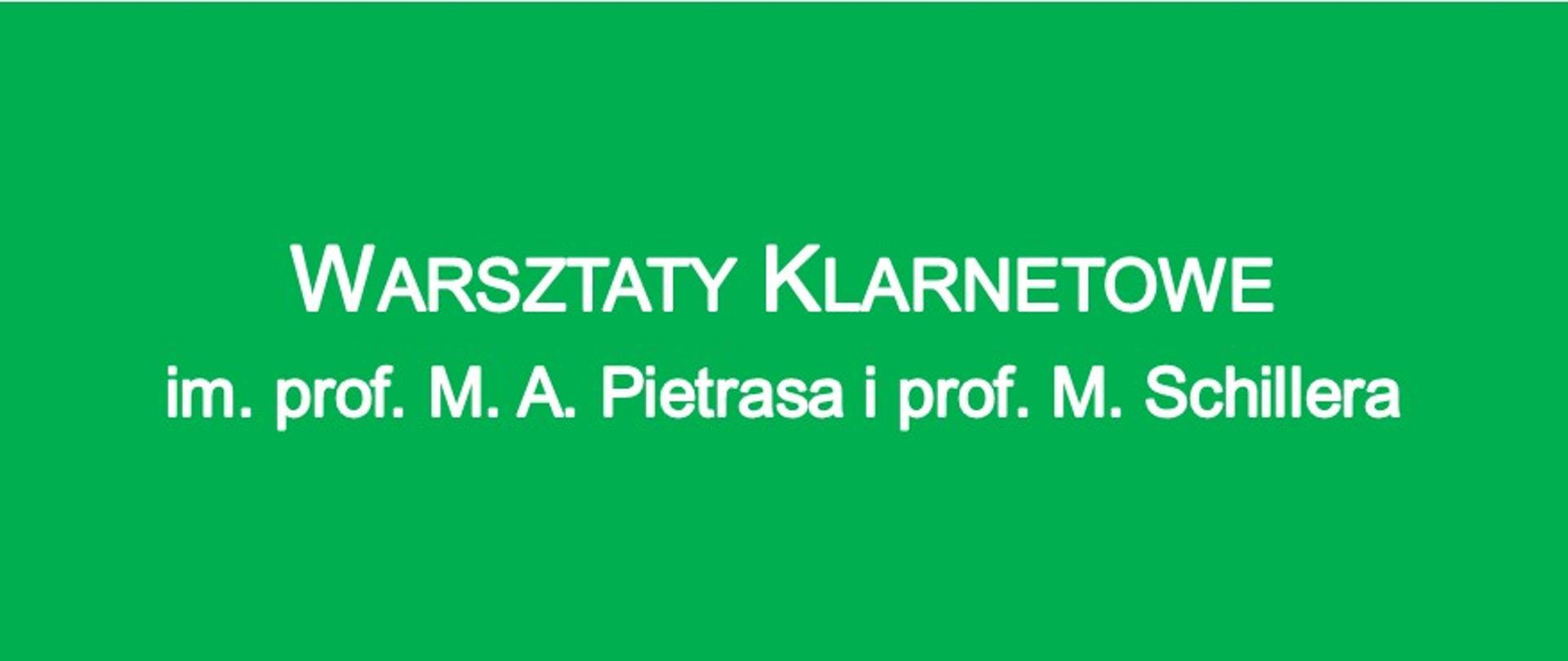 Baner tekstowy warsztatów klarnetowych zawierający pełną nazwę konkursu w kolorze białym. Tło baneru w kolorze zielonym.