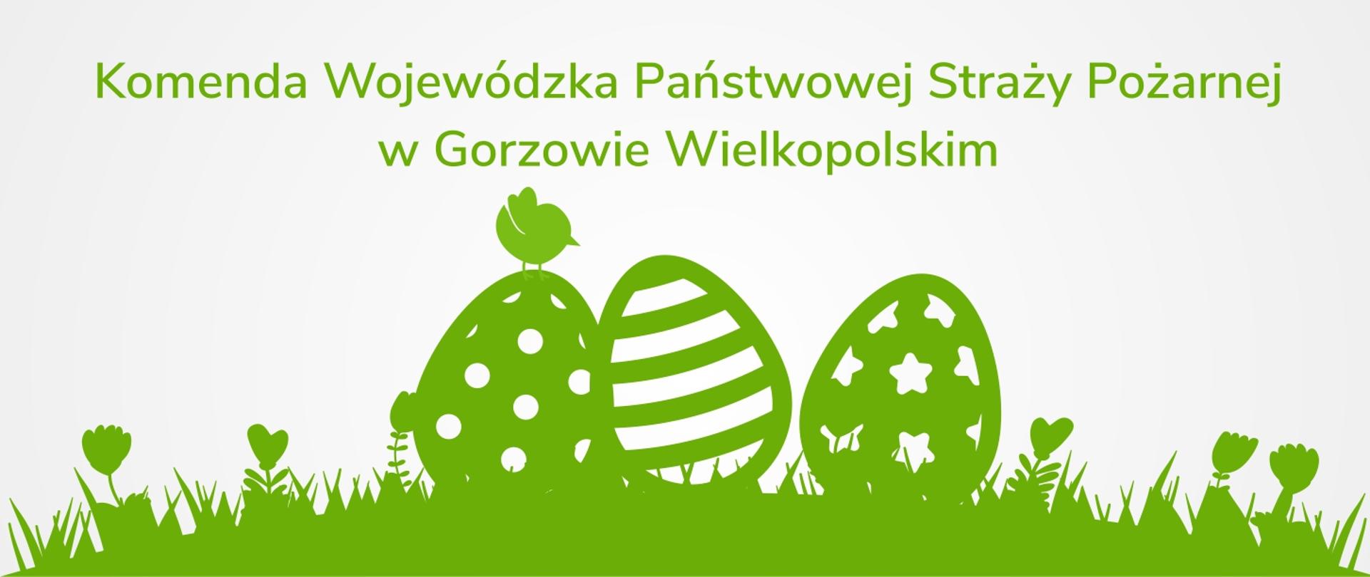 Kartka Wielkanocna, z zielonymi pisankami na zielonej trawie. 