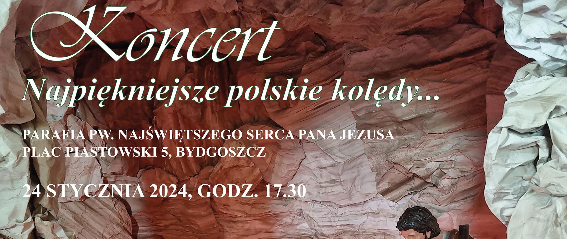 plakat przedstawia wnętrze jaskinie pośrodku leży mała postać dzieciątka po lewej stronie postać Maryi, po prawej postać mężczyzny przed dzieciątkiem leżące biały i złoty osiołek