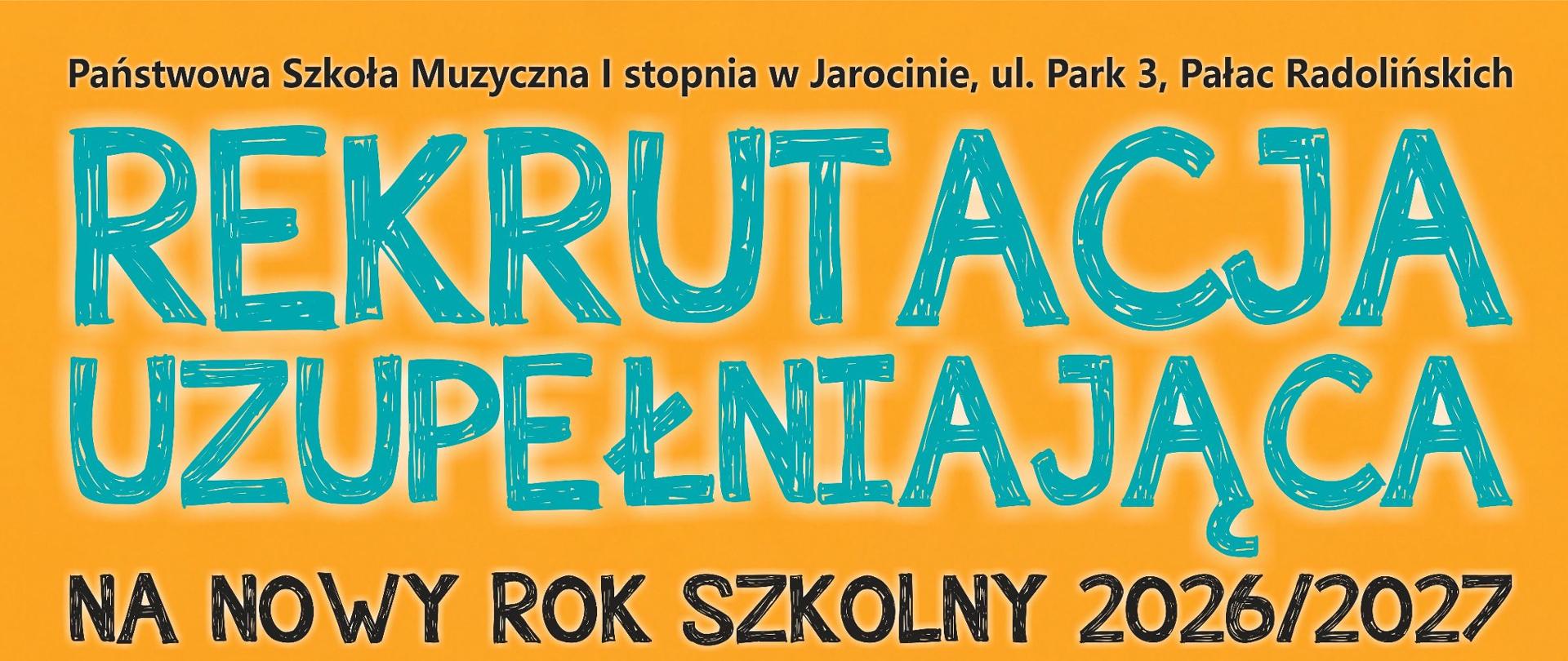 Zdjęcie przedstawia plakat rekrutacji uzupełniającej do PSM I stopnia w Jarocinie. Na plakacie dziewczyna grająca na saksofonie na pomarańczowo-seledynowym tle.