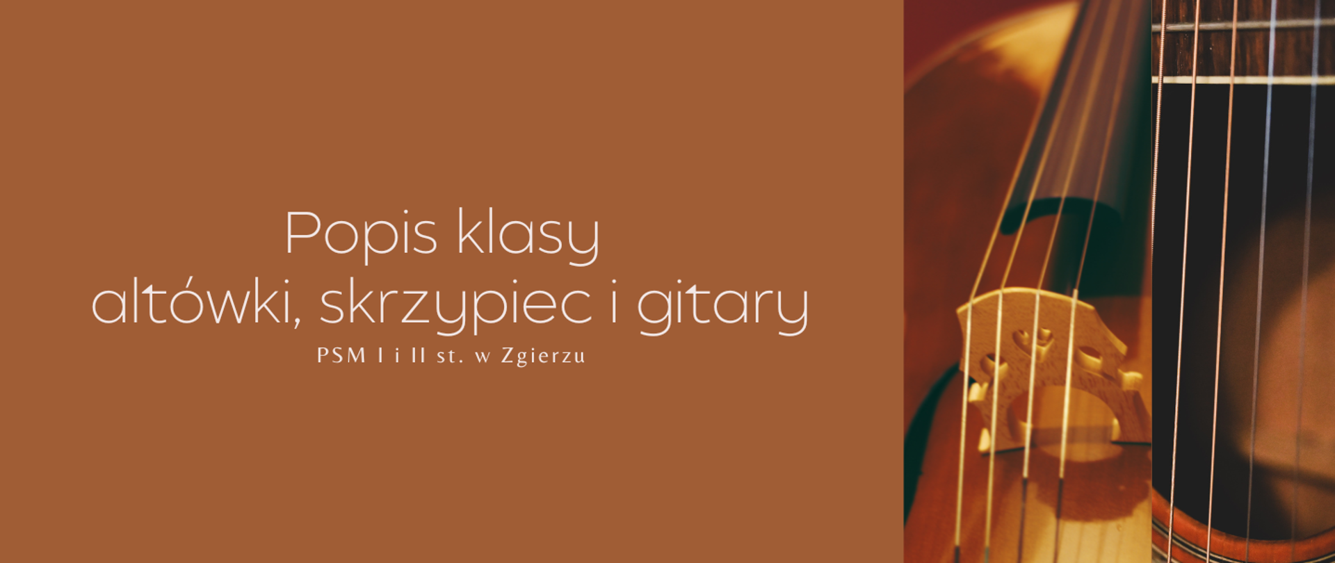 Po lewej stronie, na brązowym tle, napis "Popis klasy altówki, skrzypiec i gitary PSM I i II st. w Zgierzu". Po prawej stronie zdjęcie fragmentu instrumentu strunowego.
