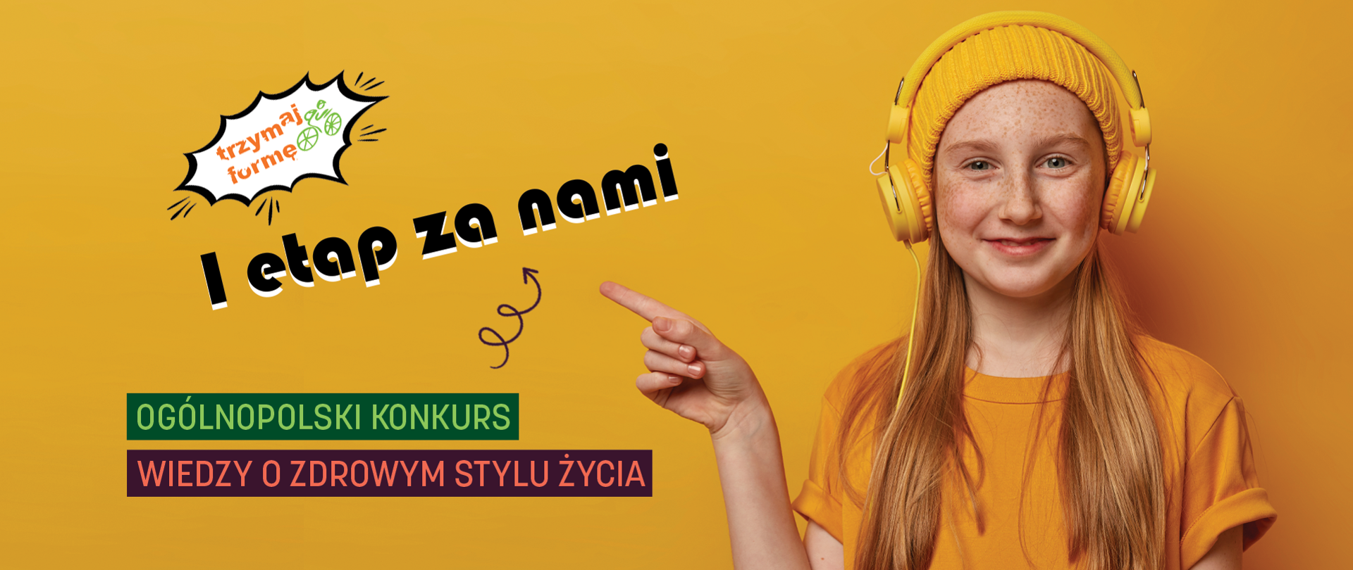 I etap konkursu trzymaj formę zdjęcie uśmiechnietej dziewczynki w słuchawkach na żółtym tle