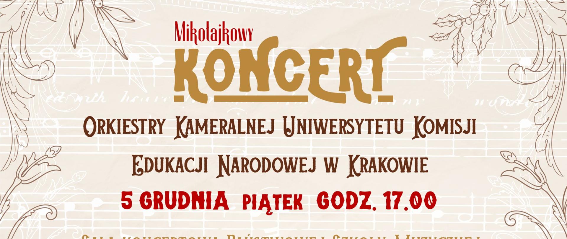 Plakat koncertu Orkiestry Kameralnej EKEN w Krakowie. Beżowe tło, brązowe litery 