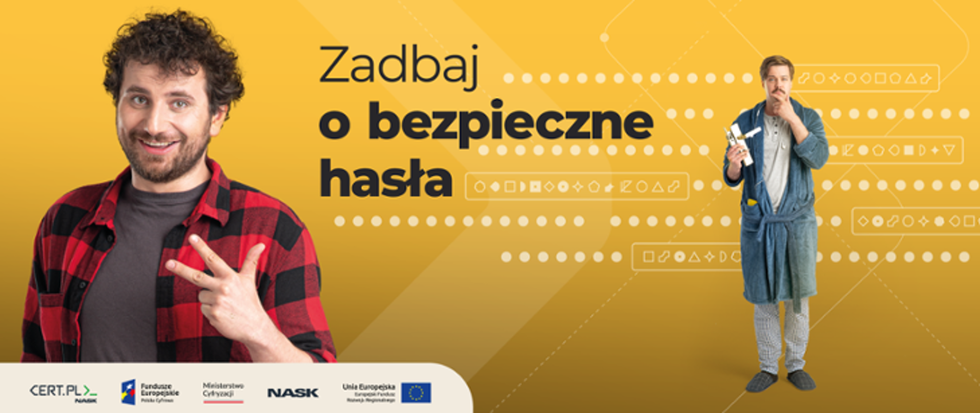 Plakat kampanii informacyjno-edukacyjnej ,,Zadbaj o bezpieczne hasła" dwóch mężczyzn na pomarańczowym tle
