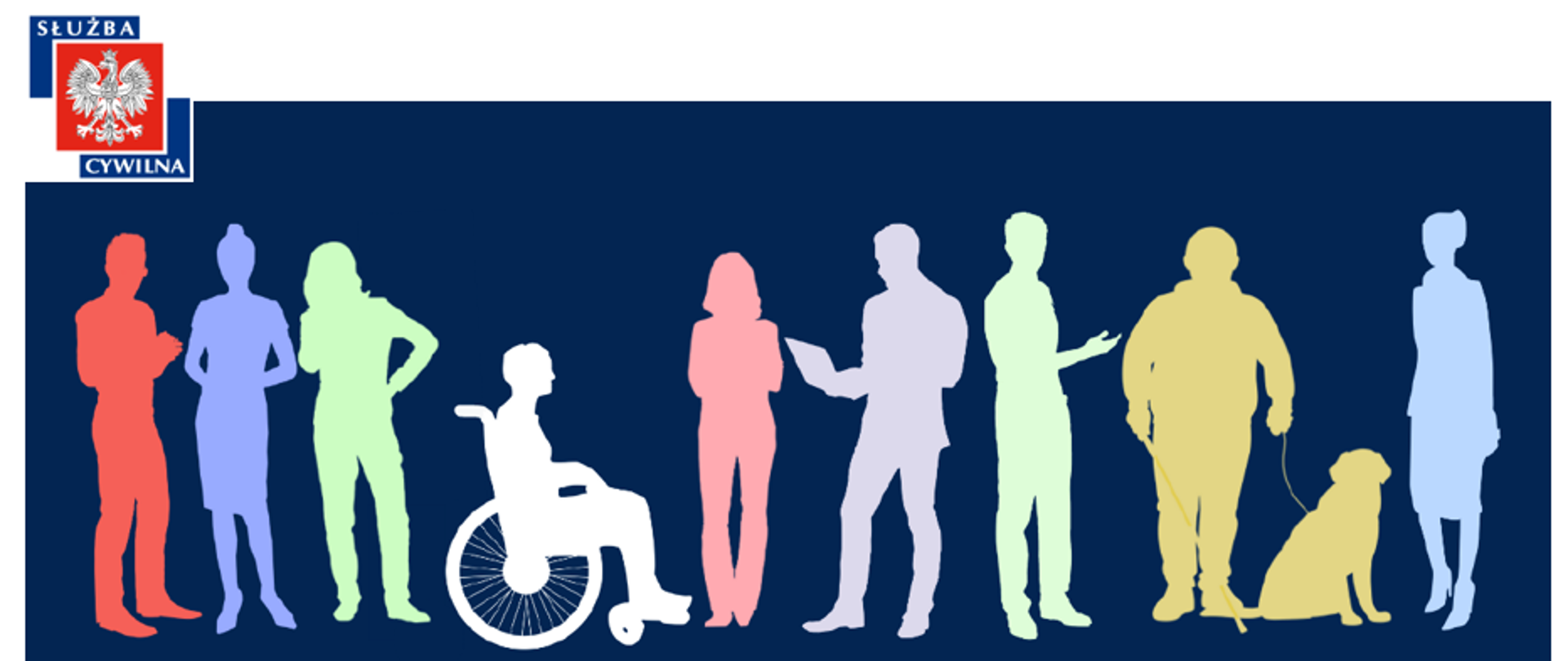 Kształt kilku osób, w tym osoby na wózku, osoby z psem przewodnikiem, w rogu logo służby cywilnej