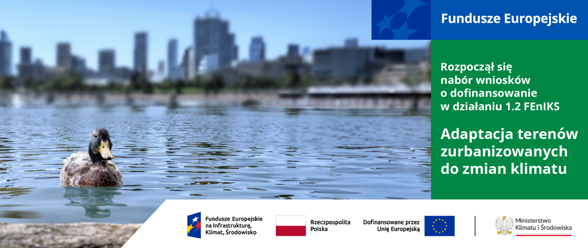 Zbiornik wodny a na nim pojedyncza płynąca kaczka, w oddali wieżowce i zabudowa miejska. Po stronie lewej napis Fundusze Europejskie i Rozpoczął się nabór wniosków o dofinansowanie w działaniu 1.2 FEnIKS - Adaptacja terenów zurbanizowanych do zmian klimatu 
