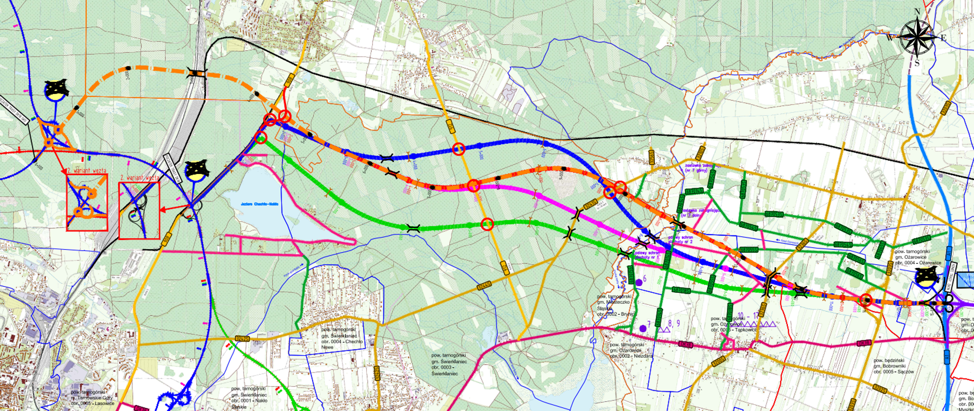 Pięć wariantów przebiegu obwodnicy Nakła Śląskiego i Świerklańca w ciągu DK78 - jeden z nich, wariant nr 5 pomarańczowy, włączy się do S11 na węźle Tarnowskie Góry Zachód. Natomiast warianty nr 1-4 włączą się do S11 nowoprojektowanym węzłem na przecięciu się z drogą wojewódzką nr 908