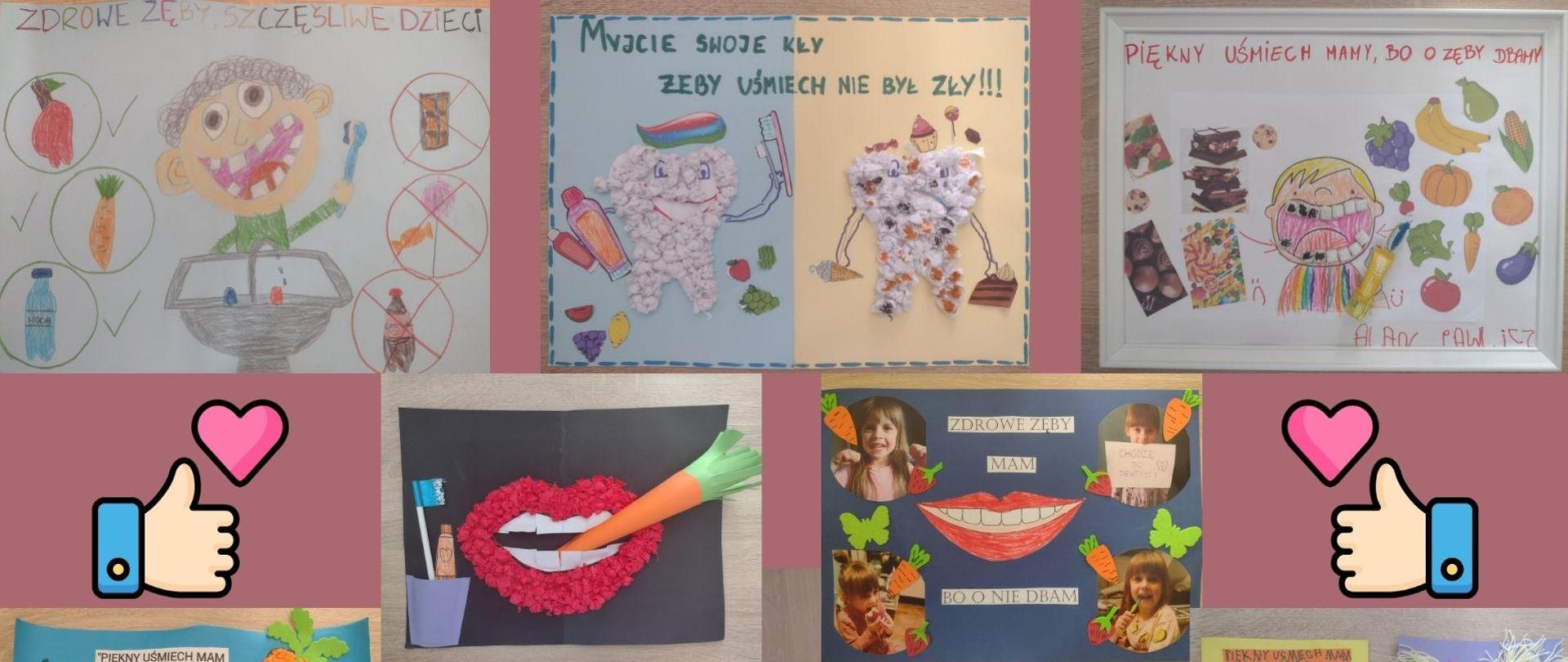 Grafika przedstawia 10 najlepszych prac plastycznych przedszkolaków z powiatu polickiego. Są to m.in. usta i białe ząbki gryzące marchewkę, obok których znajduje się pasta i szczoteczka, plakat przedstawiający chłopca podczas mycia zębów po jednej stronie znajdują się pokarmy zdrowe, po drugiej szkodzące zębom. 
