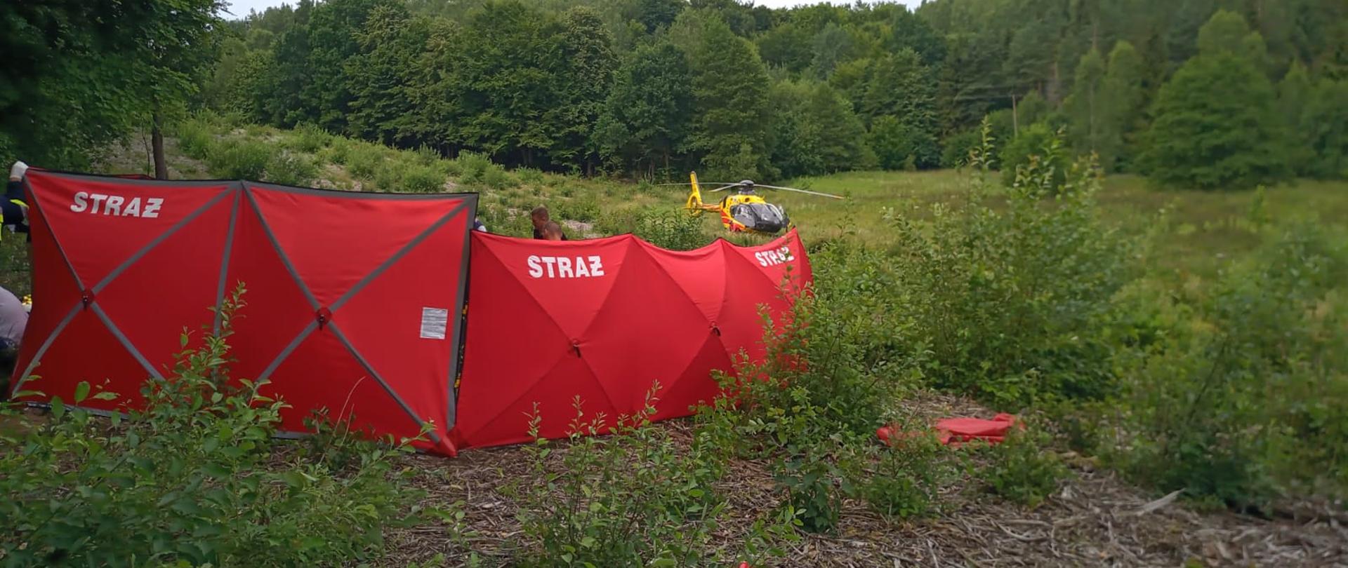 Czerwony parawan z napisem straż osłaniający miejsce prowadzonych działań. W oddali śmigłowiec LPR.