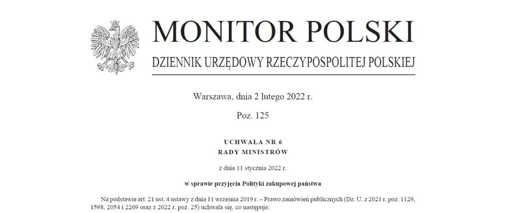 Zdjęcie pierwszej strony Monitora Polskiego z uchwałą Rady Ministrów w sprawie przyjęcia Polityki zakupowej państwa