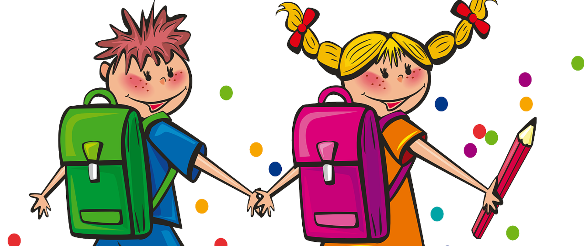 Rysunek dzieci, które idą z tornistrami do szkoły