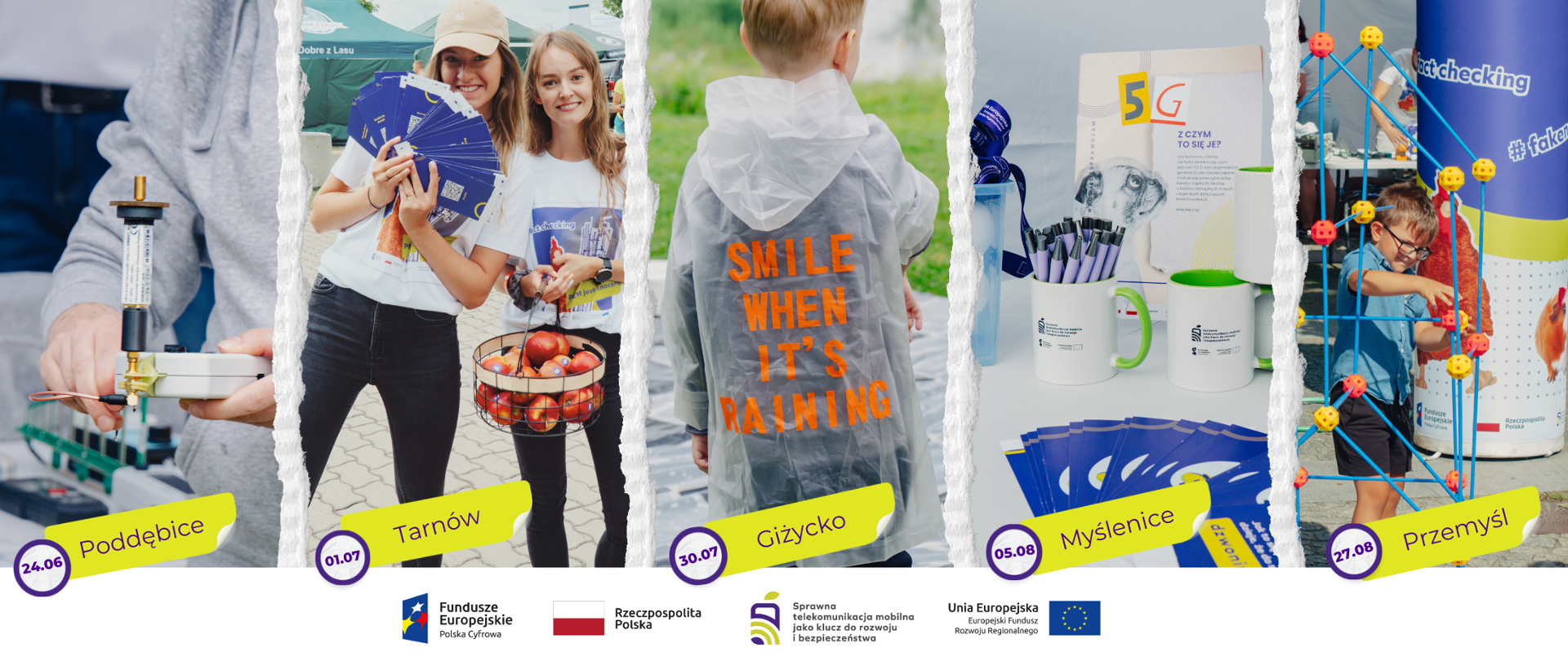 Kolaż zdjęć przedstawiający udział w trasie Polskiego Radia "Lato z radiem" z naniesionymi datami 24.06 Poddębice, 01.07 Tarnów, 30.07 Giżycko, 05.08 Myślenice, 27.08 Przemyśl.