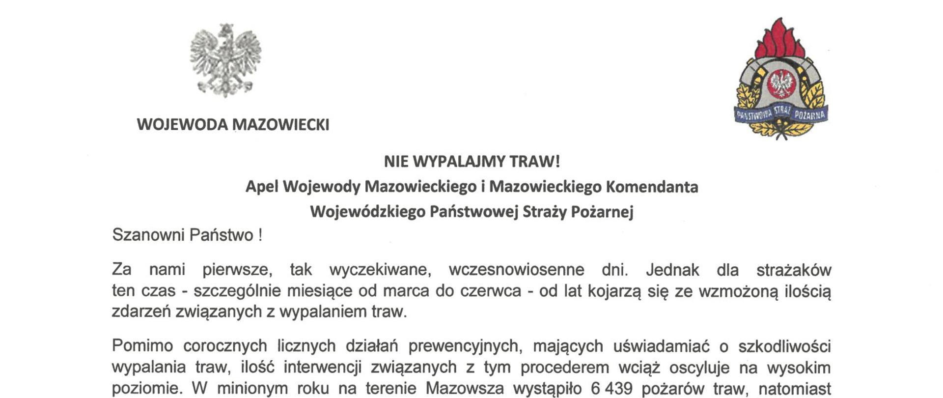 Wspólny apel Wojewody Mazowieckiego i Mazowieckiego Komendanta Wojewódzkiego PSP o niewypalanie traw