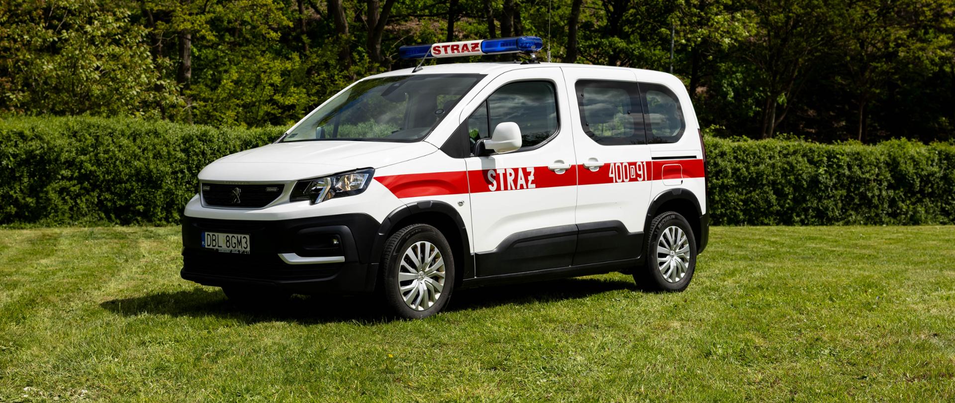 Biały, operacyjny kombivan Peugeot Rifter z czarnymi, plastikowymi osłonami zderzaków i progów. Na boku auta znajduje się czerwony odblaskowy pas z napisem „STRAŻ” oraz białym numerem operacyjnym „400[D]91”. Na dachu widoczna jest niska, niebieska belka świetlna.