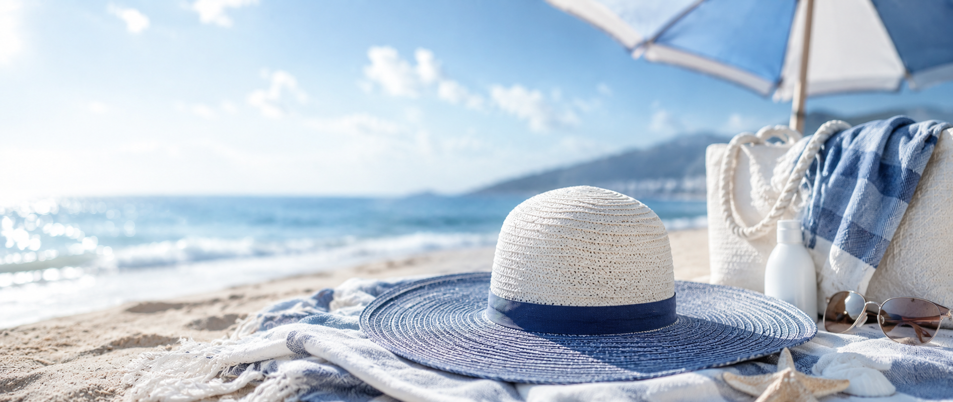 Słoneczna plaża nad morzem. Na biało-niebieskim ręczniku leży letni kapelusz z jasnym rondem i granatową wstążką. Obok znajdują się biała torba plażowa, butelka z wodą, okulary przeciwsłoneczne oraz muszla. W tle widać spokojne fale, błękitne niebo i fragment plażowego parasola. Zdjęcie utrzymane jest w jasnej, wakacyjnej kolorystyce z przewagą bieli i odcieni niebieskiego.