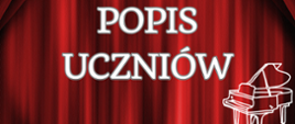 na czerwonym tle imitującym kotarę białe napisy, w lewym górnym rogu białe logo szkoły