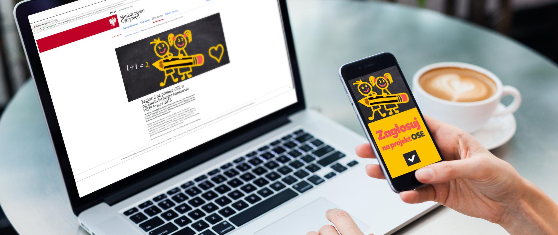 Laptop i smartfon z grafiką zachęcającą do głosowania na projekt OSE