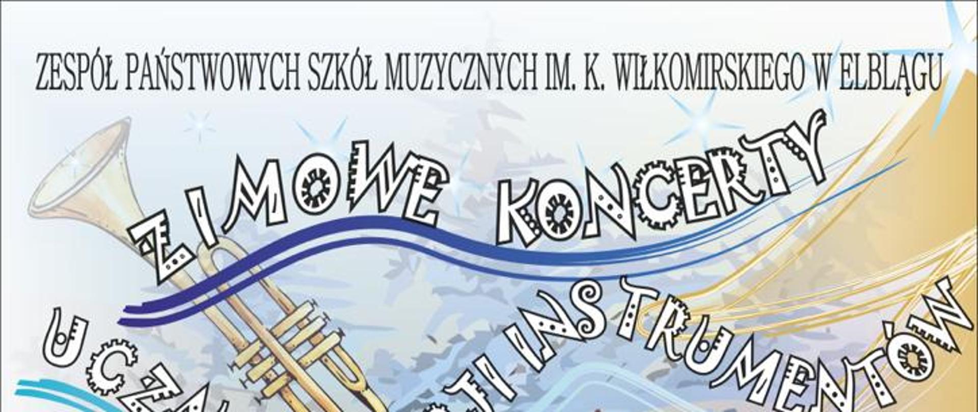 plakat z tanczącymi muzykami wokół perkusji z napisem Zespół Państwowych Szkół Muzycznych w Elblągu Zimowe Koncerty uczniów sekcji dętych i perkusji, sala koncertowa ZPSM 11, 13, 14 grudnia 2023 r. godzina 16:00