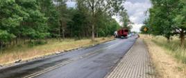 Zdjęcie przedstawia drogę wojewódzką DW163, rozbity samochód ciężarowy częściowo na lewym poboczu drogi, na trawie, w głębi lewej strony zdjęcia las. W oddali strażacy oraz inne służby pracujące na terenie wypadku