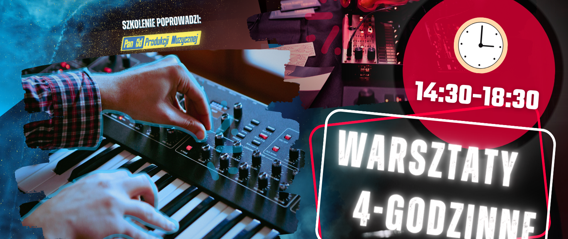 Plakat z tekstem u góry plakatu "Produkcja muzyczna w FL Studio, poniżej data szkolenia 21.11.2023, szkolenie poprowadzi Pan od produkcji muzycznej, w lewym dolnym rogu zdjęcia klawiszy, po prawej stronie godziny szkolenia tj. 14:30-18:30 warsztaty 4 godzinne, na samym dole nazwa szkoły "Szkoła Muzyczna im. Fryderyka Chopina w Kłodzku