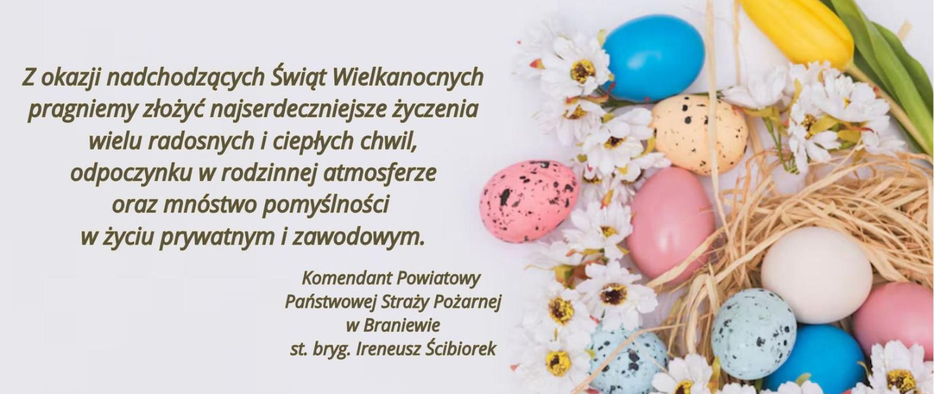 Życzenia Świąteczne Komendanta Powiatowego PSP w Braniewie, z prawej strony kolorowe jajka.