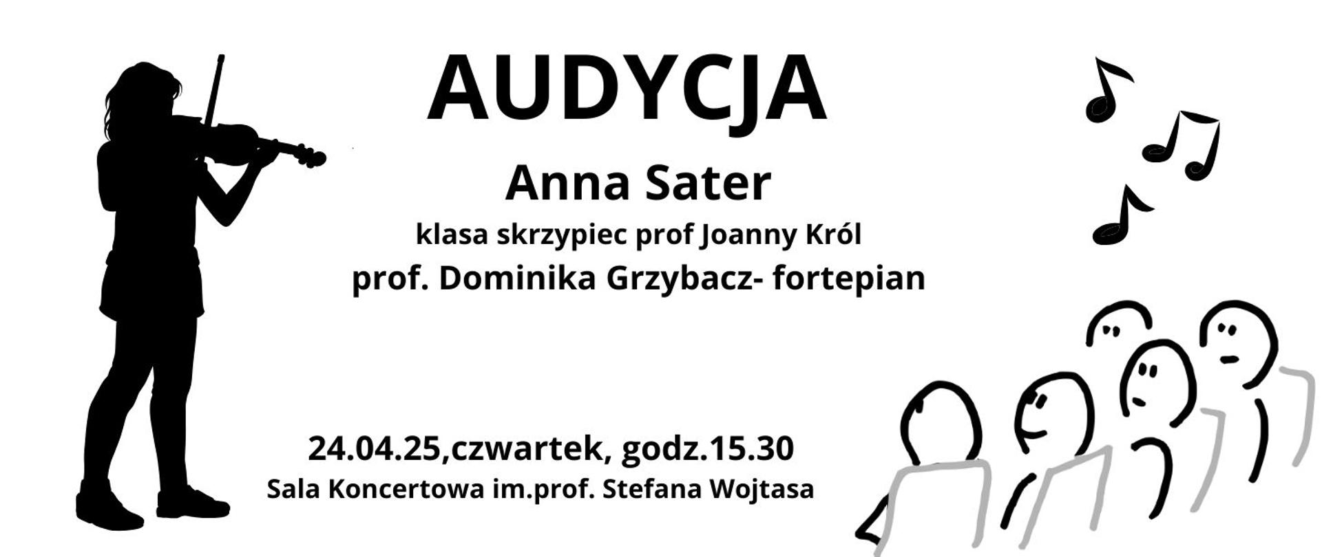 Audycja klasy skrzypiec 24.04.2025 godz.15.30 biały plakat czarna postać grająca