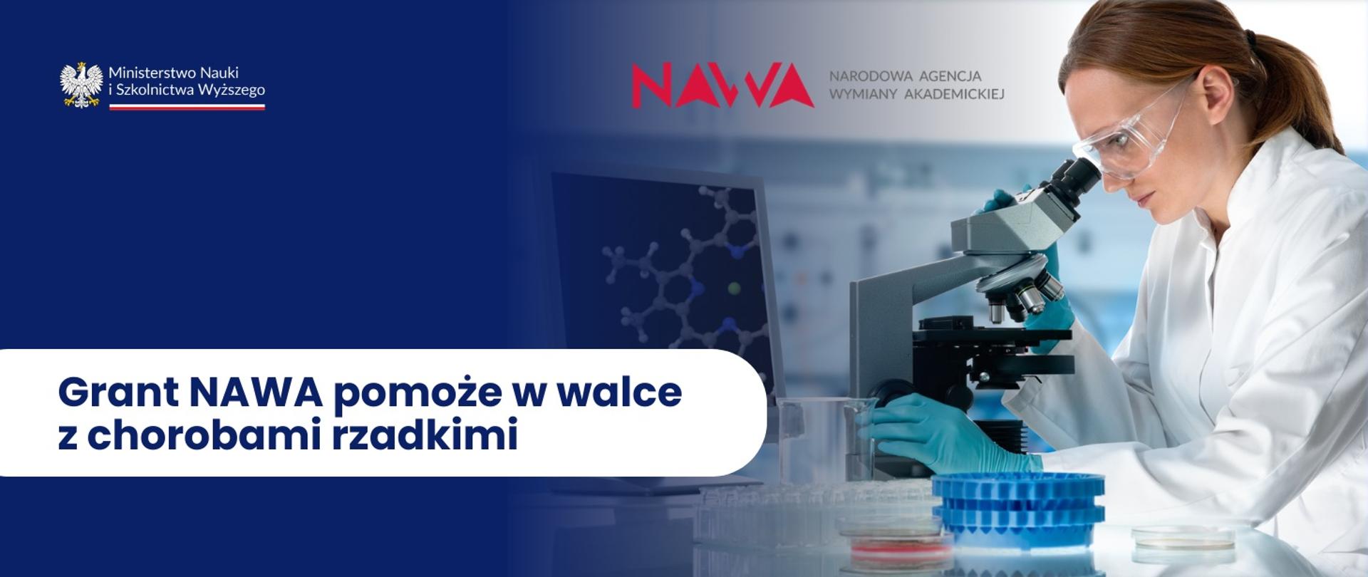 Grafika - na niebieskim tle napis Grant NAWA pomoże w walce z chorobami rzadkimi.