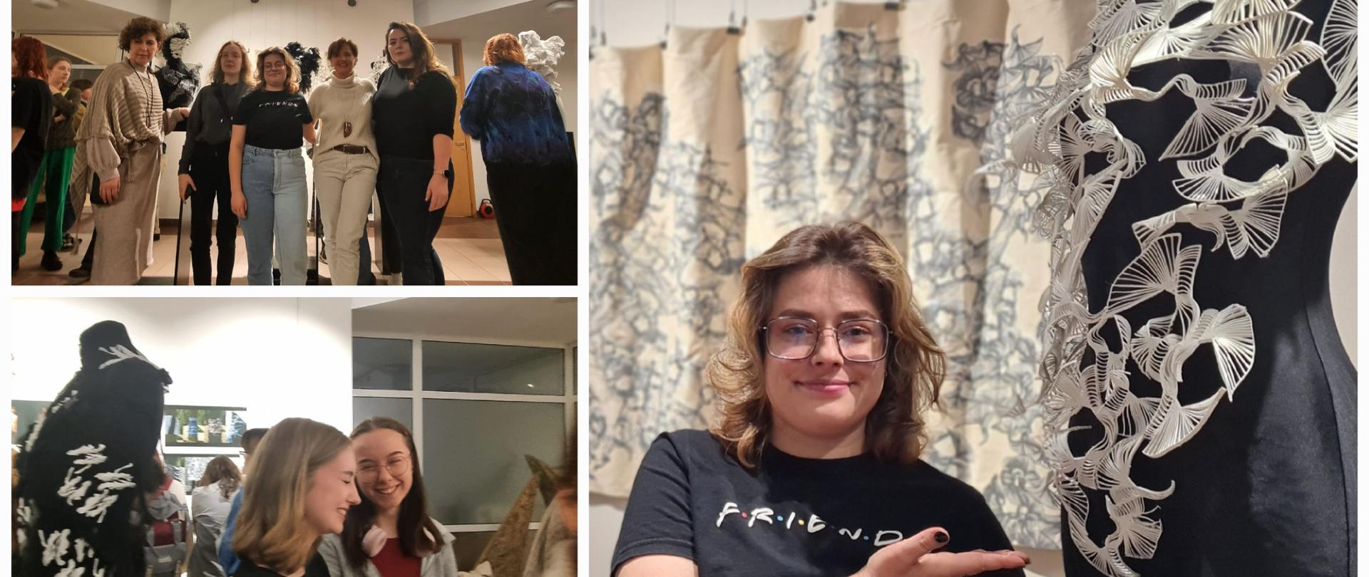 Kolaż fotografii przedstawiający osoby biorące udział w wernisażu "Mycelium touch" oraz prace autorki wystawy - Zuzanny Kulejewskiej