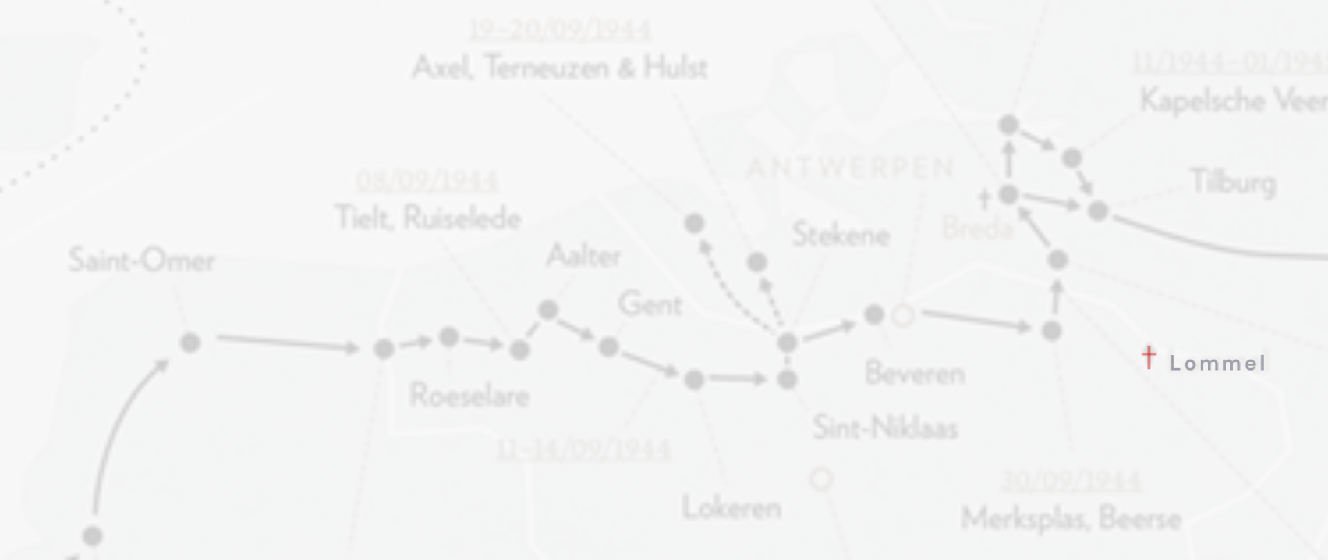 Grafika przedstawia fragment mapy ukazującej miejscowości wyzwalane przez I Dywizję Pancerną Generała Maczka oraz cmentarz w Lommel