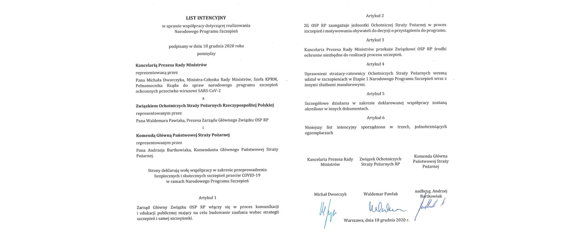 Treść Listu Intencyjnego