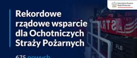 slajd z prezentacji: rekordowe rządowe wsparcie dla Ochotniczych Straży Pożarnych 675 nowych wozów dla OSP. Napis na niebieskim tle, w prawej części zdjęcia przód samochodu pożarniczego.