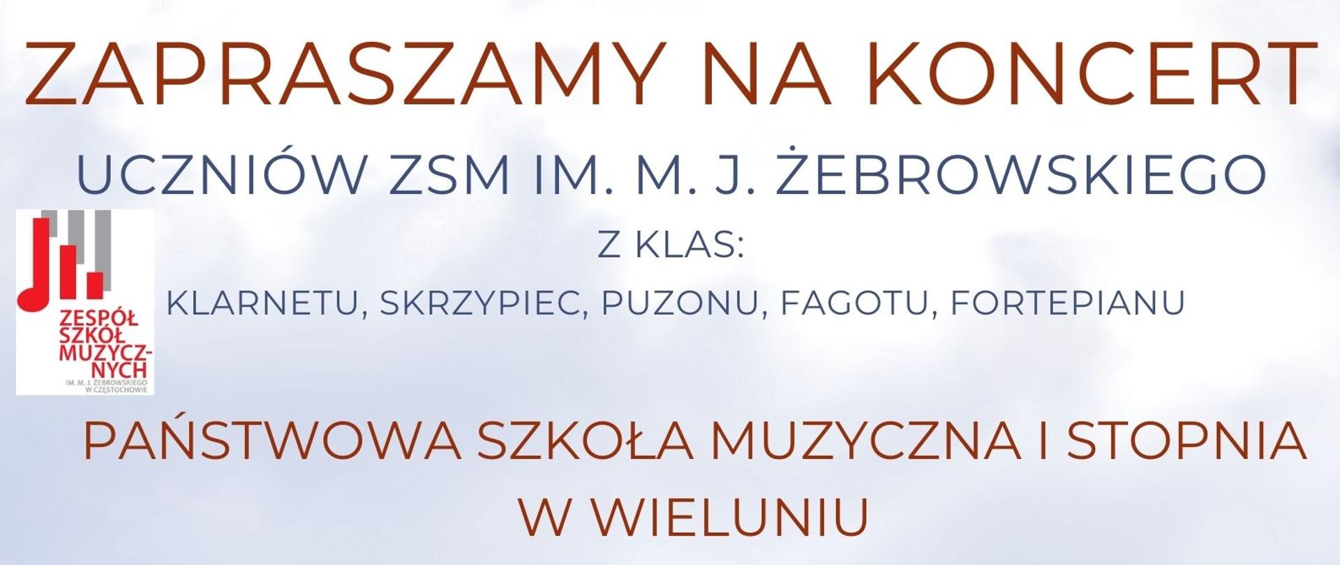 Błękitne tło i zdjęcia różnych instrumentów, tekst dotyczący koncertu uczniów ZSM w PSM I st. w Wieluniu, 24 kwietnia o godz. 17.00
