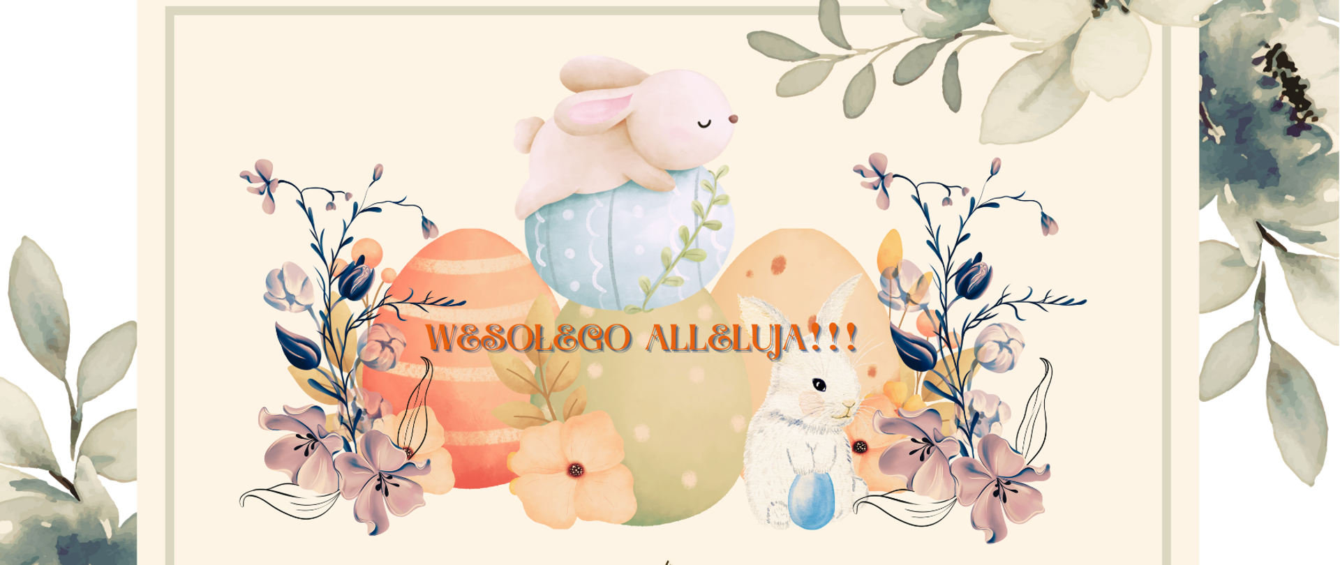Zdjęcie kartki świątecznej. Na środku widać kolorowe pisanki i zajączki oraz wpis wesołego Alleluja . Na dole kartki widać logo szkoły