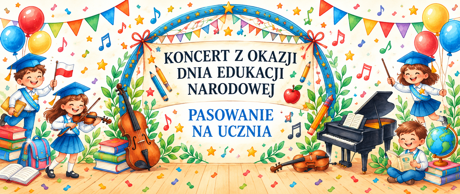 Poziomy baner zapowiadający koncert z okazji Dnia Edukacji Narodowej oraz pasowanie na ucznia. W centralnej części znajduje się ozdobna, niebieska rama z napisem „Koncert z okazji Dnia Edukacji Narodowej” oraz poniżej „Pasowanie na ucznia”. Po bokach widoczne są uśmiechnięte dzieci w biretach, wśród nich dziewczynka grająca na skrzypcach, chłopiec trzymający polską flagę oraz dzieci przy fortepianie i z książką. Ilustrację uzupełniają kolorowe balony, chorągiewki, nuty, instrumenty muzyczne, książki, globus i przybory szkolne. Całość utrzymana jest w radosnej, pastelowej stylistyce, z przewagą błękitu, żółci, czerwieni i zieleni.