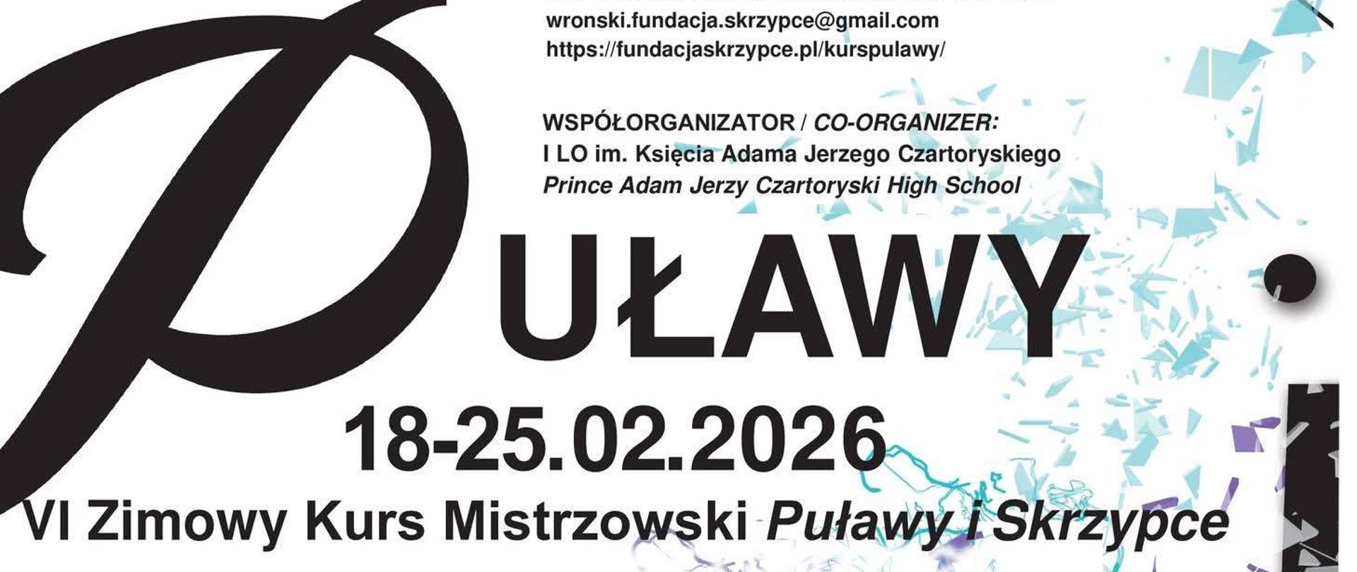 Plakat ze szczegółami wydarzenia na białym tle i niebieskim akcentami