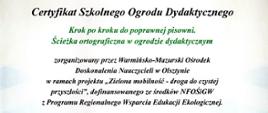 Certyfikat Szkolnego Ogrodu Dydaktycznego