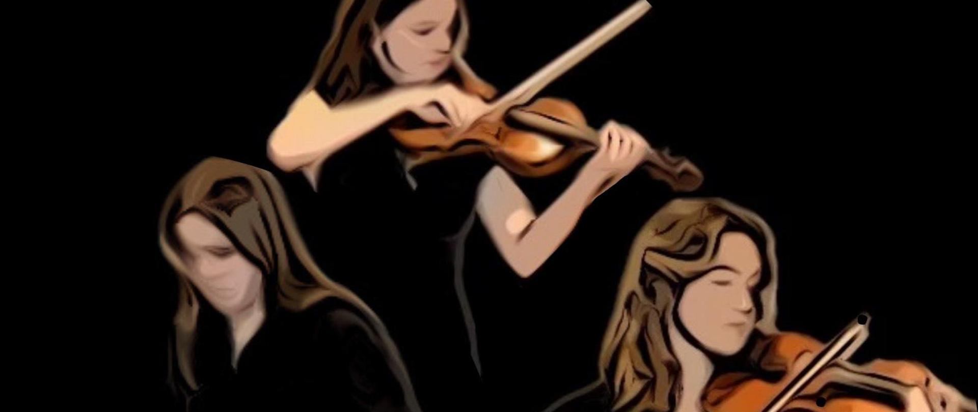 czarna grafika z rozmytymi sylwetkami trzech uczennic, dwóch skrzypaczek i perkusistki