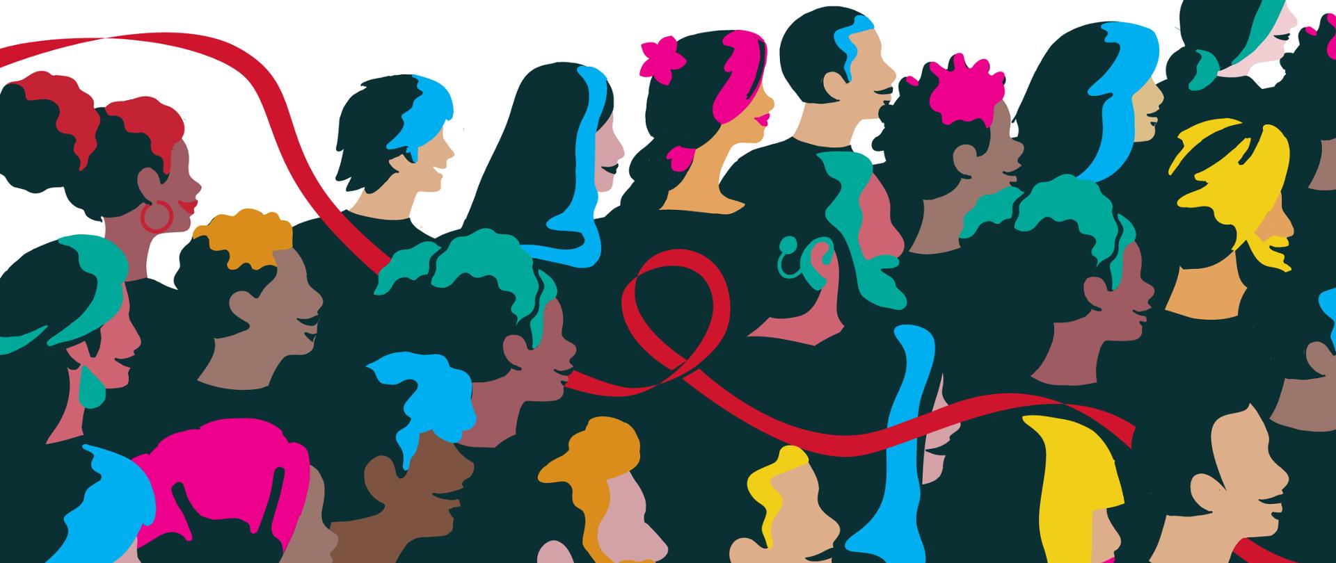 Światowy Dzień AIDS. Grafika przedstawiająca twrze o różnych kolorach włosów.