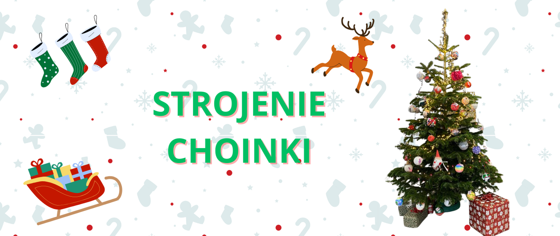 baner na jasnym tle z ikonami szarych pierników i butów, po prawej choinka, po lewej sanie mikołaja, skarpety i renifer