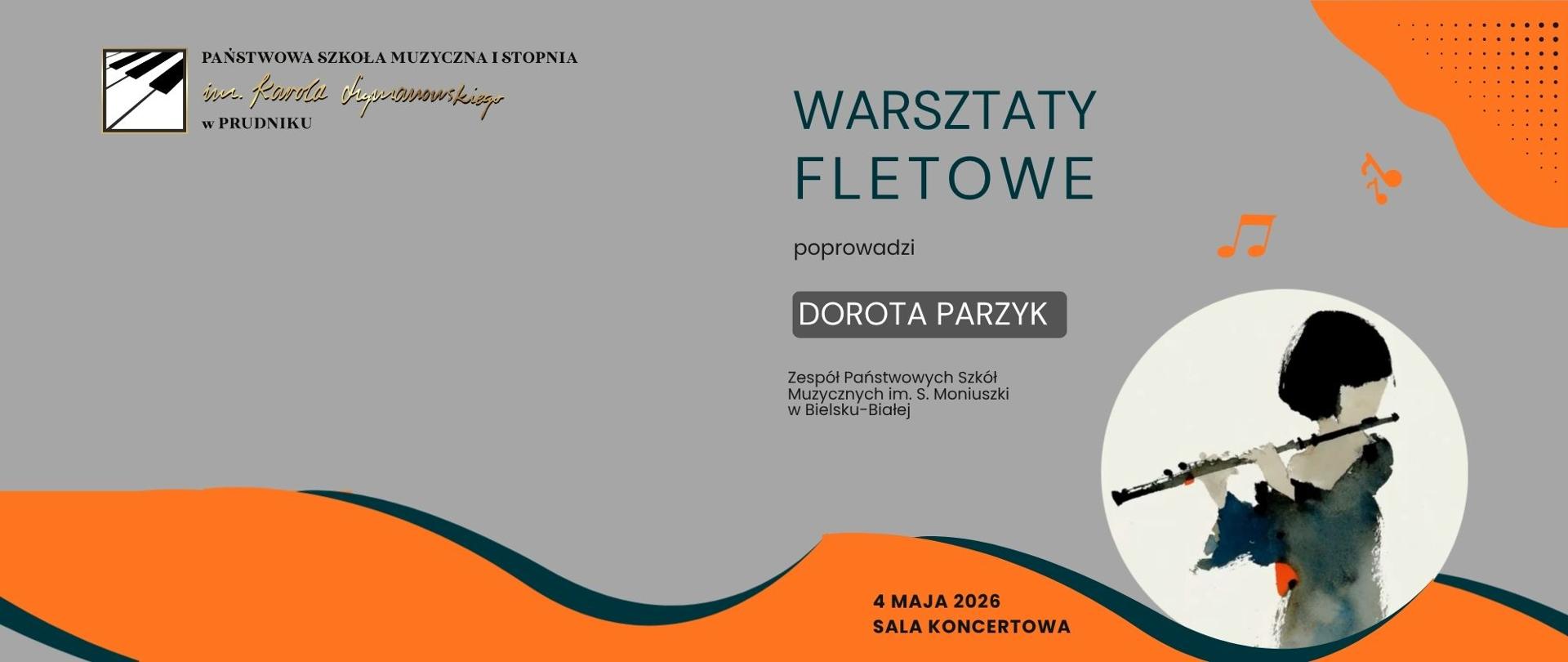 Baner z informacją o warsztatach fletowych. Na jasnoszarym tle napisy z informacją o warsztatach. Baner ozdobiony grafiką przedstawiającą dziewczynkę grającą na flecie oraz pomarańczowe nutki . W lewym górnym rogu logo szkoły.