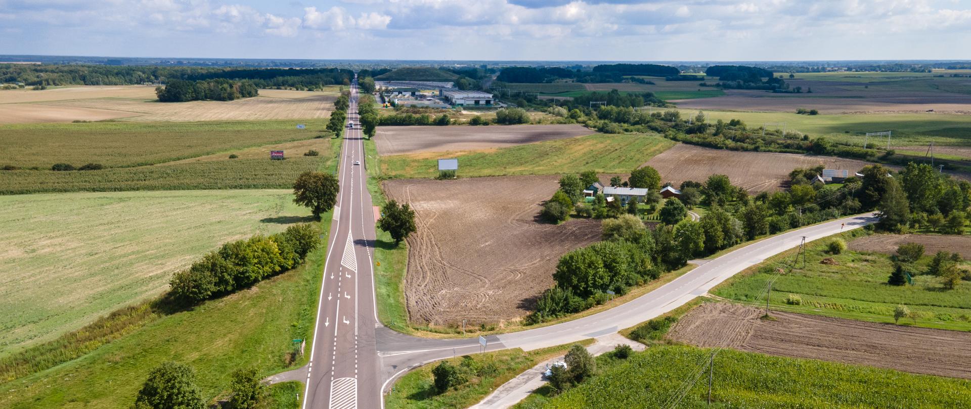 Droga krajowa nr 12 w Srebrzyszczu to prosta, szeroka jezdnia biegnąca przez otwartą, wiejską przestrzeń. Po bokach drogi znajdują się trawiaste pobocza, a dalej pola i pojedyncze domy. 