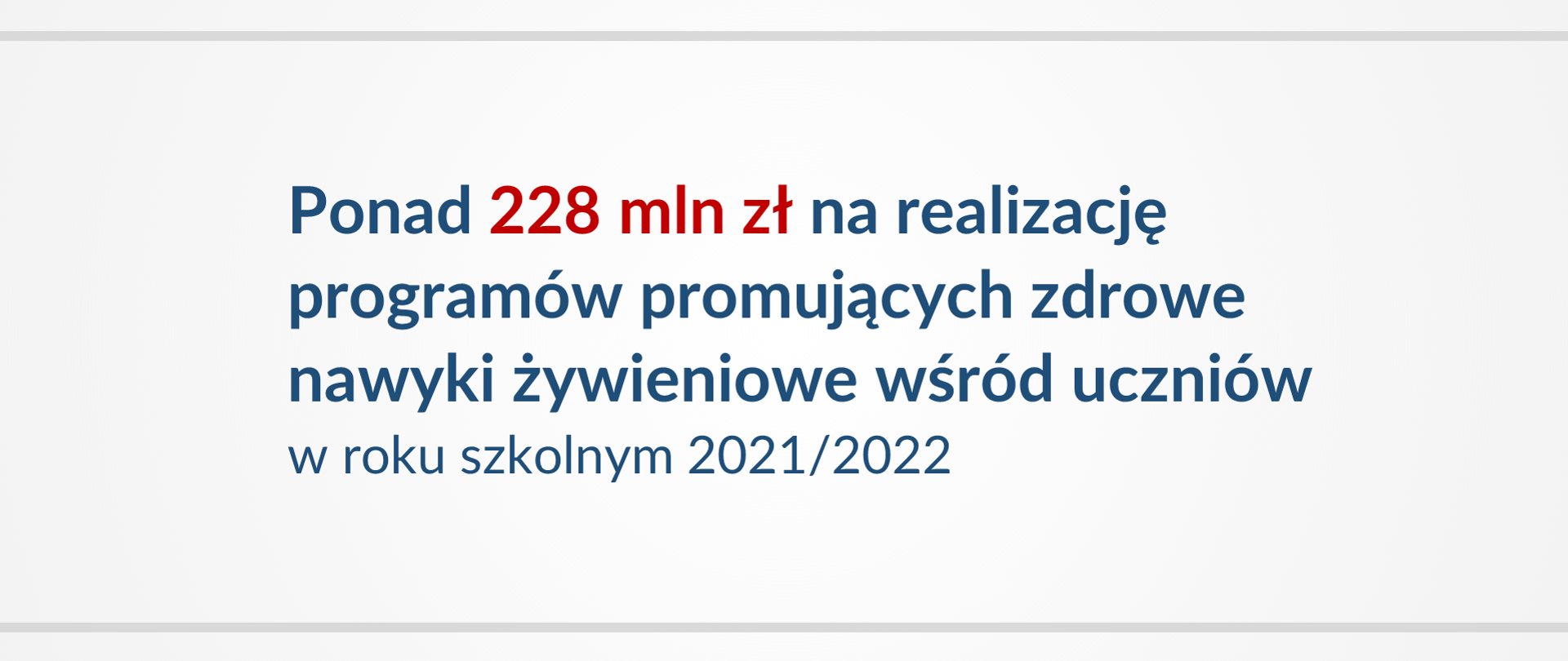 Plansza informacyjna. Na szarym tle widnieje granatowy napis: Ponad 228 mln zł na realizację programów promujących zdrowe nawyki żywieniowe wśród uczniów w roku szkolnym 2021/2022