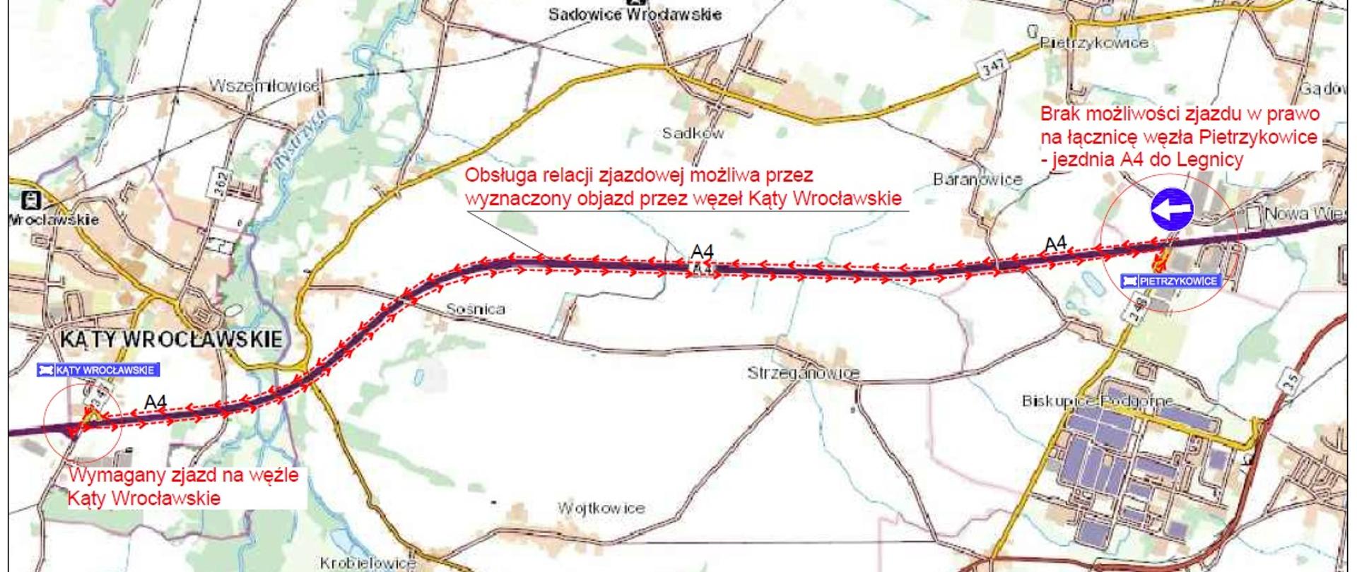 węzeł Pietrzykowice - wymiana nawierzchni - mapa objazdu - sierpień 2022