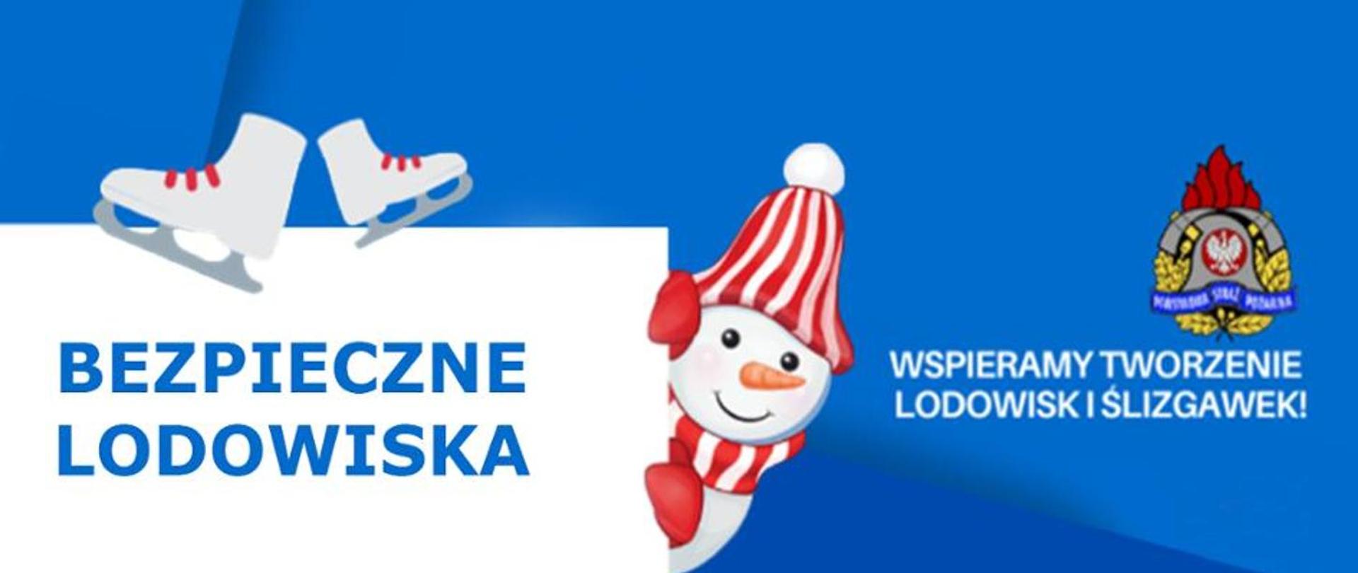 Bezpieczne lodowiska logo z Mikołajem, łyżwami ii logo PSP