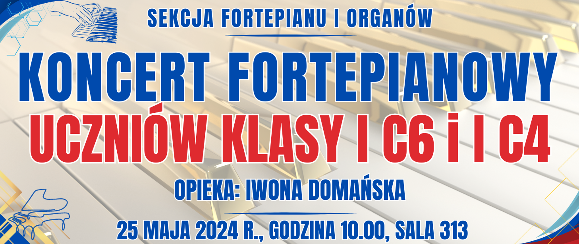 kolorowe tło ze złotą klawiaturą fortepianu oraz informacje o wydarzeniu