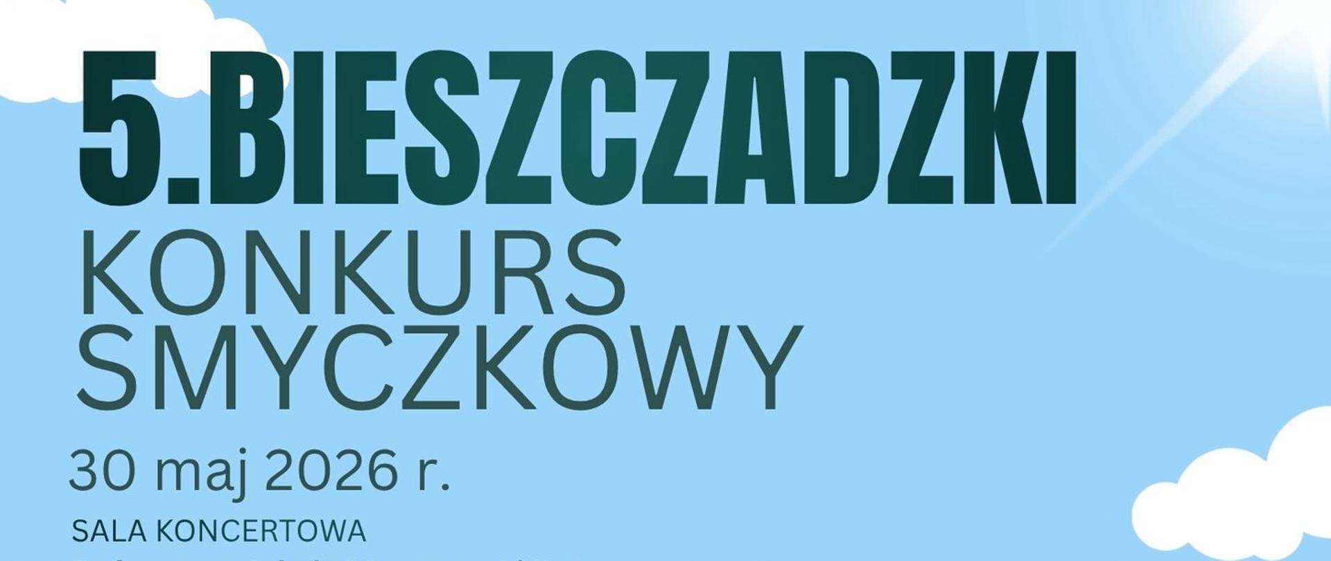 Plakat 5. Bieszczadzki Konkurs Skrzypcowy. W tle kolorowe góry, jezioro, dzieci z instrumentami. 