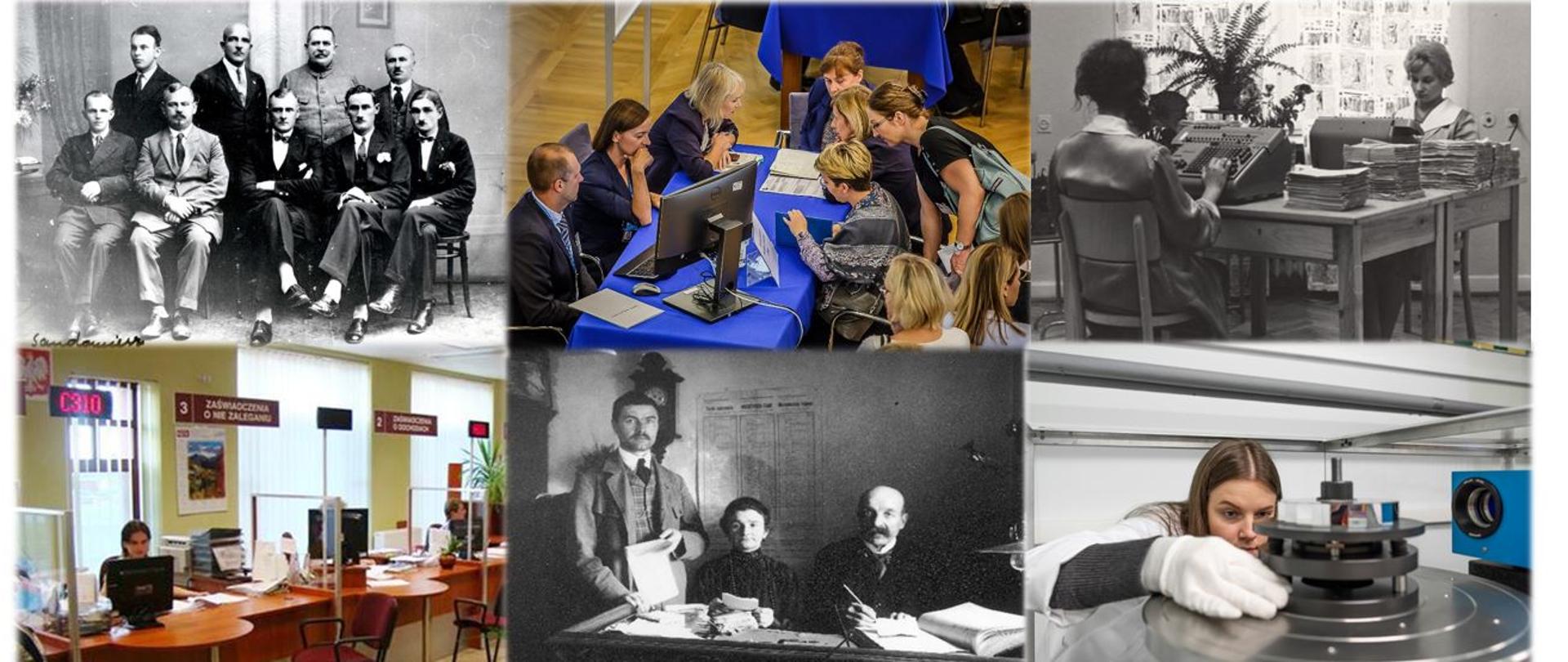 Na obrazku znajduje się 6 zdjęć przedstawiających urzędników w różnych okresach historycznych.