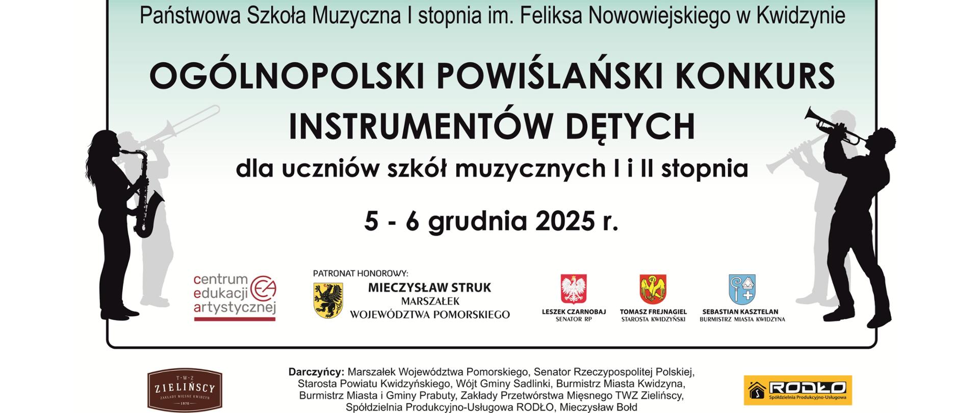 Grafika na zielono białym tle przedstawia informację o konkursie oraz patronów konkursu