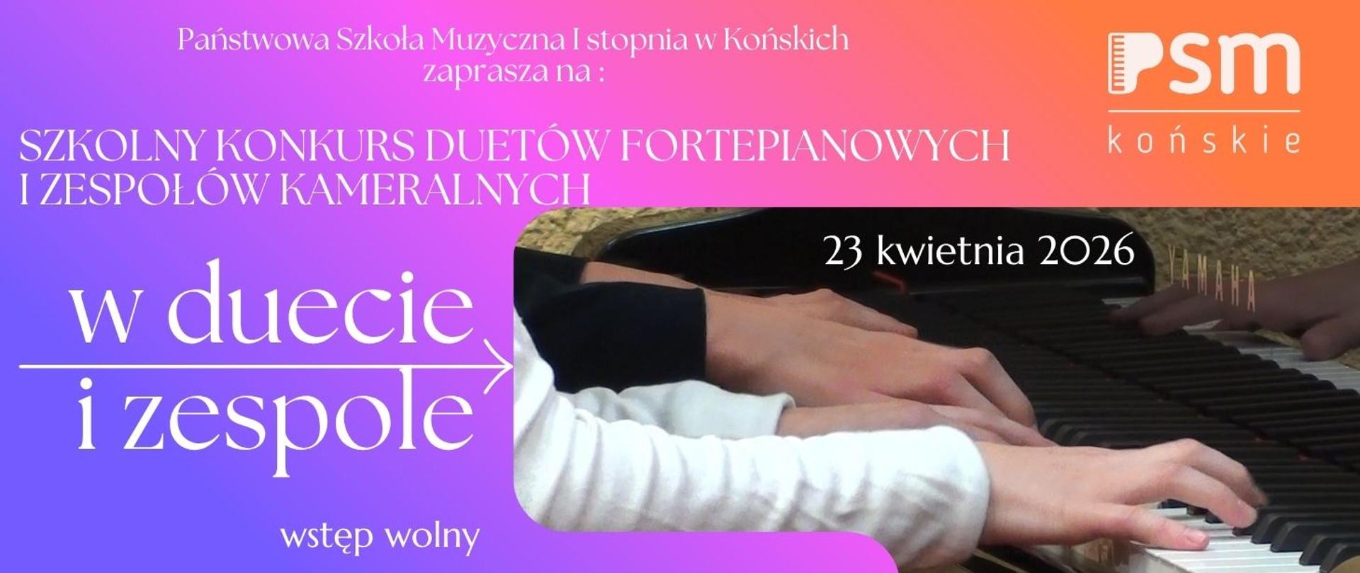 Baner w odcieniach fioletu i pomarańczu. Białe litery. Po prawej stronie dłonie na klawiaturze.