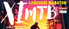 Na obrazie znajduje się plakat, który zachęca do udziału w maratonie rowerowym MTB. W centralnej części plakat przedstawia rowerzystę, który w tle ma zachodzące słońce. W górnej części znajduje się napis Łańcucki XI MTB Łańcucki Maraton. Poniżej informacja o dacie - 3 maj 2025 roku oraz godzinach zapisów 8:30 - 10:30 oraz dystansach zawodów - 35km oraz 52km. W dolnej części plakatu znajdują się loga sponsorów